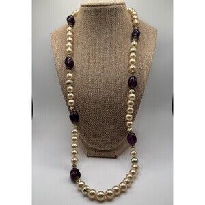 Vintage Faux Pearl & Purple Beaded Necklace 30”
